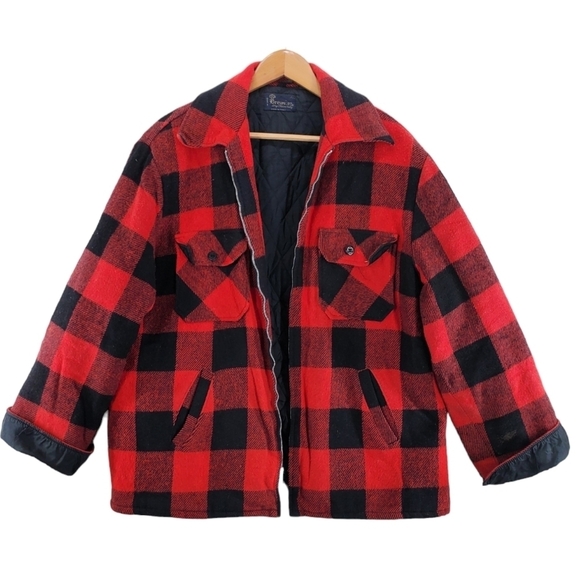 Brewster Other - Vtg Brewster Jacket Mens XL Red Black Buffalo Plaid Flannel Wool Linen Quilted
